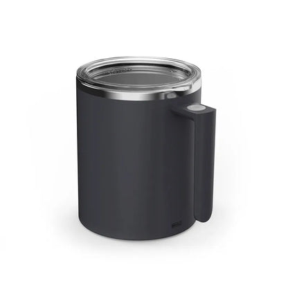 White automatic stirring coffee cup with magnetic base on a wooden table, showing simple solid-colour design.