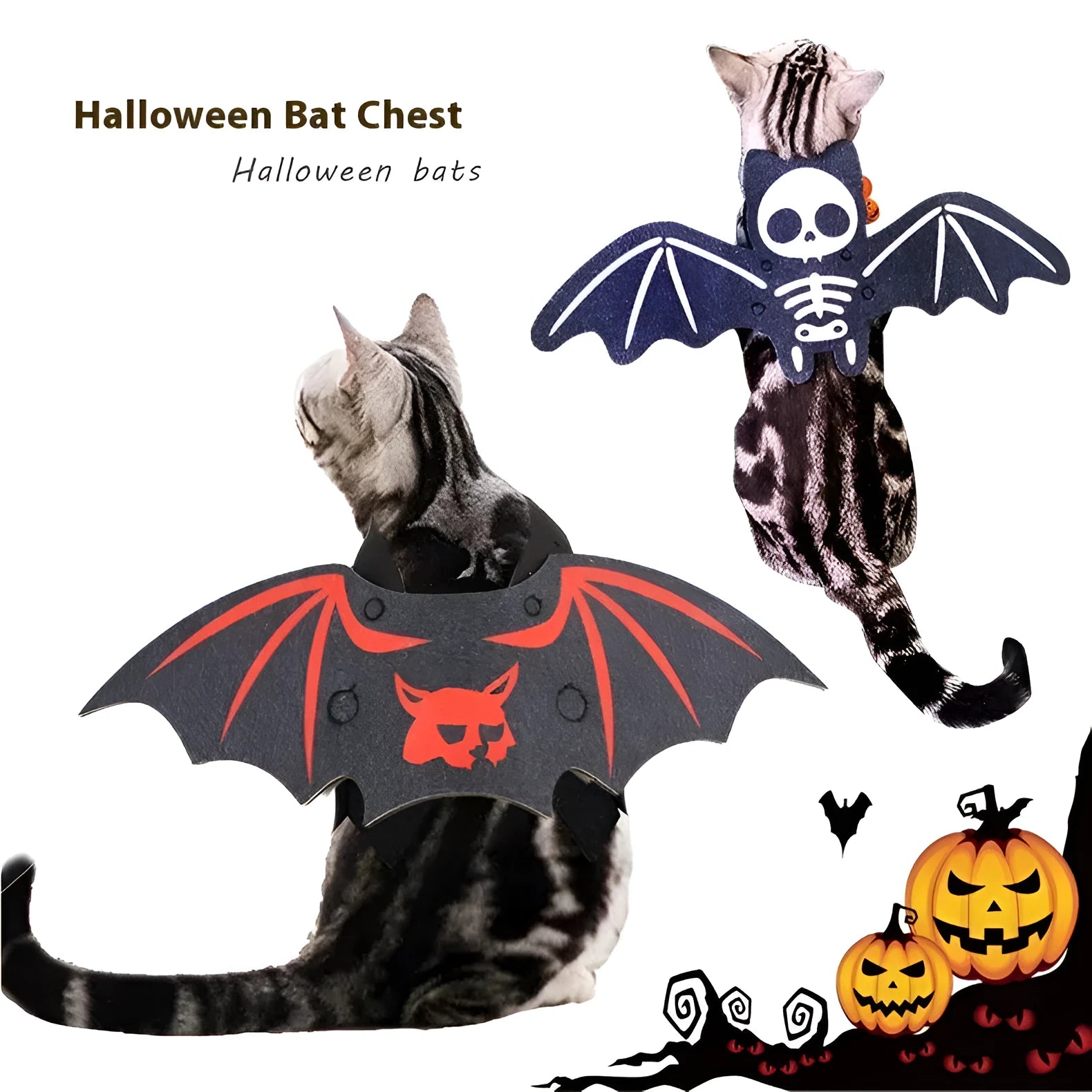 Halloween costume for a cat featuring batwing sleeves, made from felt, in orange pumpkin bat design.