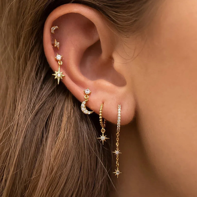 Women's fashion stud earrings with six-man XINGX chain tassel detail, electroplated gold zircon stud earrings for women's jewellery, set of 6 pieces in copper with hook fitting