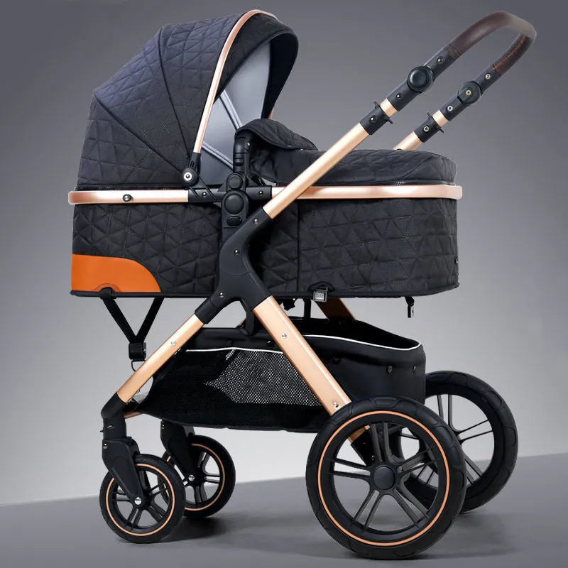 Lightweight folding multi-function baby cart with iron pipe frame, high landscape seat, 15kg load, in khaki or grey