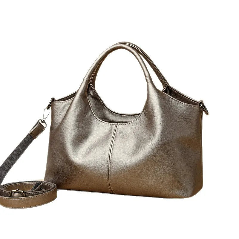 Women's soft genuine leather large crossbody bag shown in available colours: black, brown, wine red, yellow, beige, bronze, green.