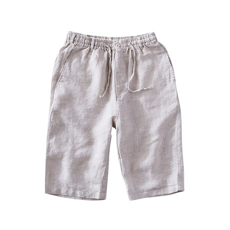 Men's loose-fit linen capri pants in a straight-leg style on a white background