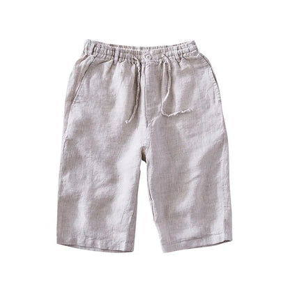 Men's loose-fit linen capri pants in a straight-leg style on a white background