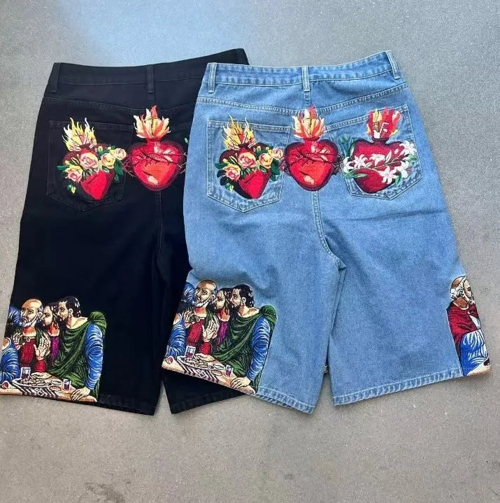 Blue tapered cotton shorts with Jesus print on back pocket