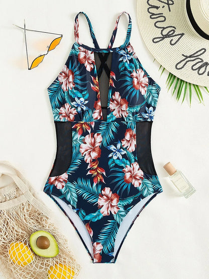 Women's deep V-neck one-piece swimsuit with polyester lining in gradient printing