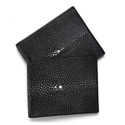 Genuine leather cowhide wallet with pearl fishskin lining in horizontal square design