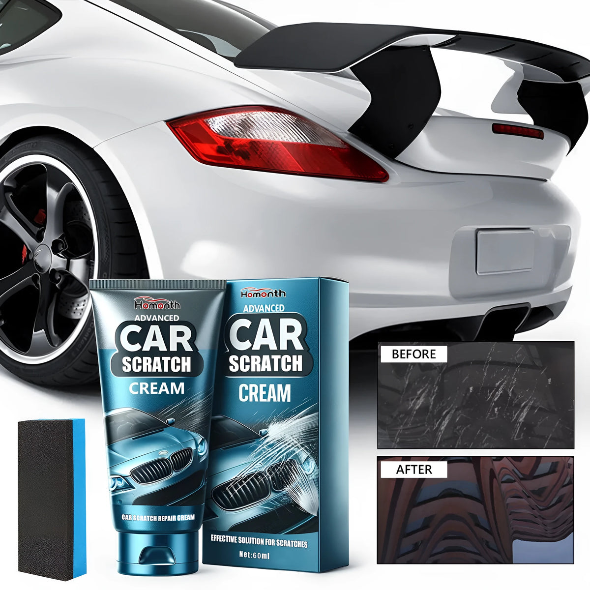 60ml car scratch repair cream tube and sponge applicator for paint scratch removal.