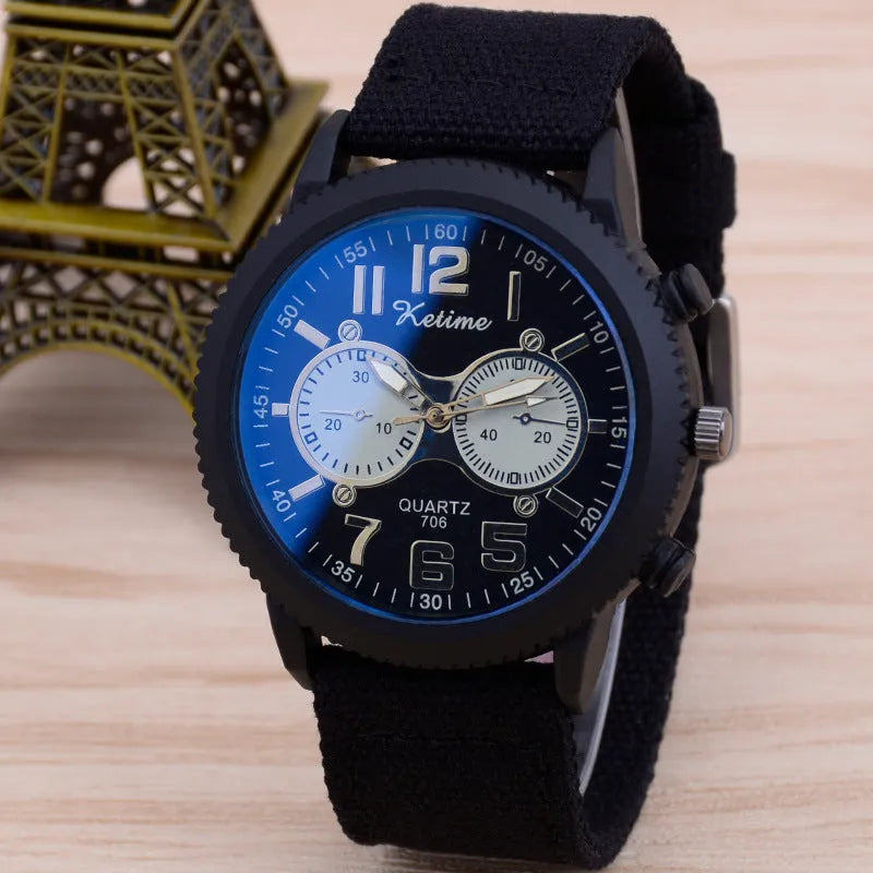 Men's fashion wristwatch with cloth band, 48mm dial, and zinc alloy case