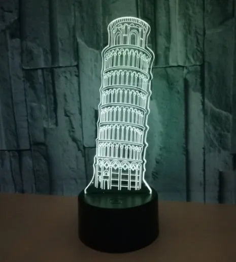 3D Leaning Tower of Pisa acrylic night light with multi-colour LEDs on a black square base