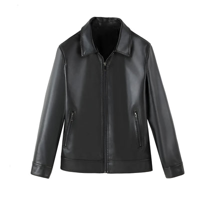 Men's black PU leather casual jacket with zipper pockets and loose fit design