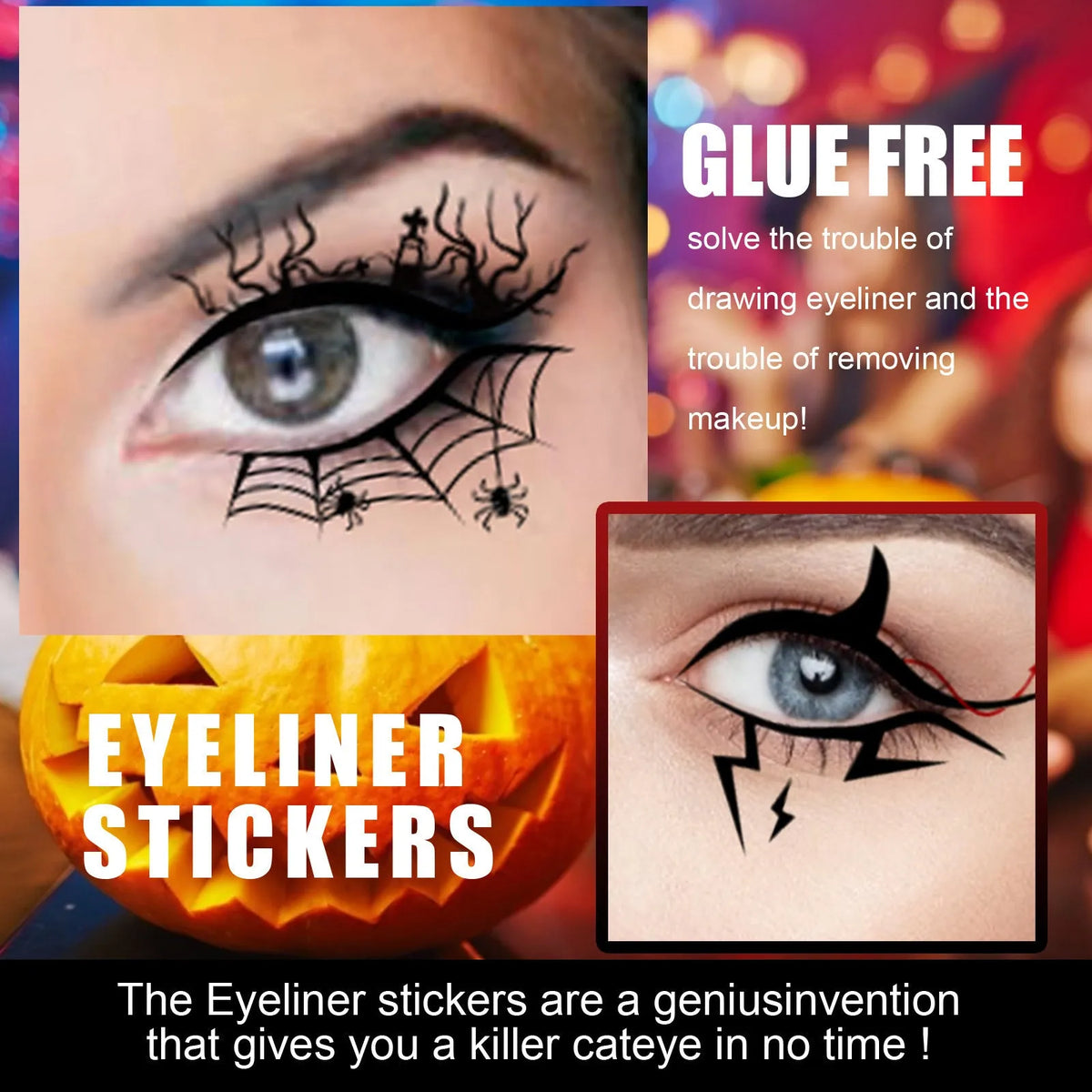 Bat and spider shaped eyeliner sticker set with 8 pairs for Halloween face makeup