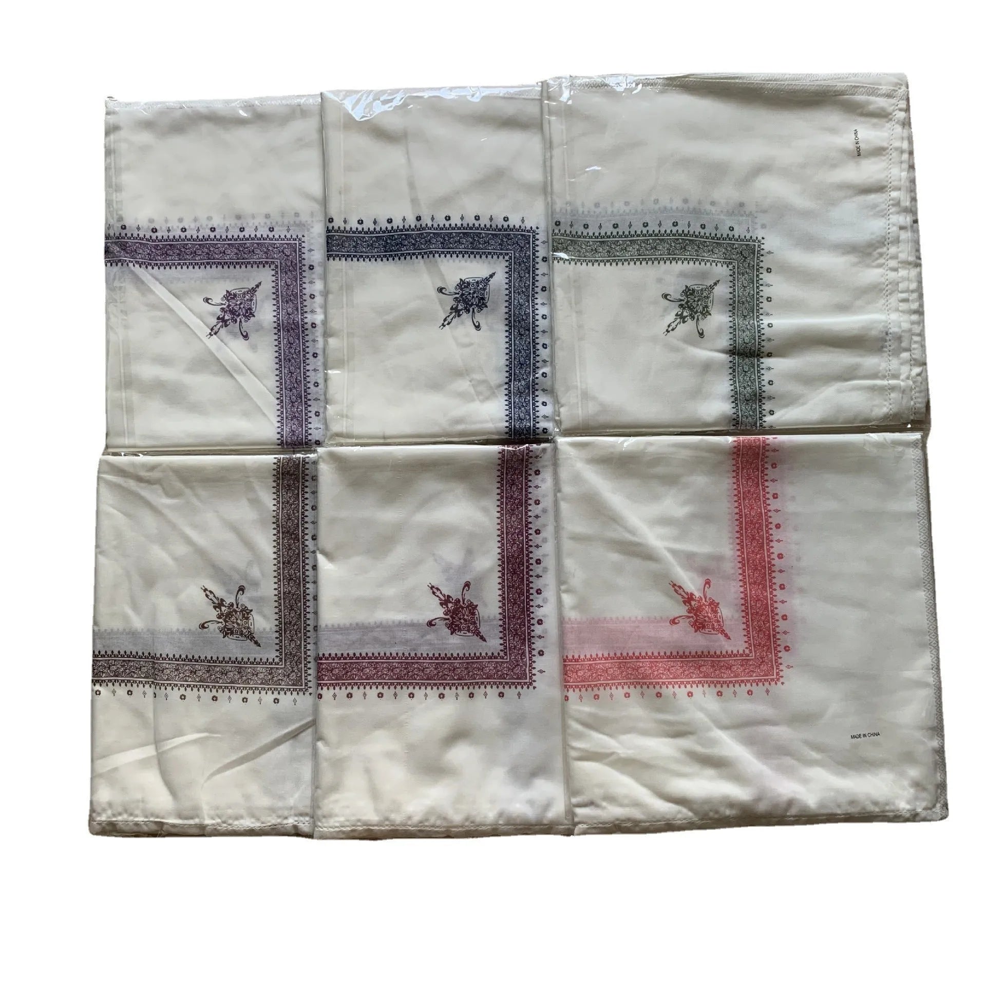 Printed square polyester scarf showing 138 cm dimensions with colour options including brown, grey, green, purple, magenta and dark blue