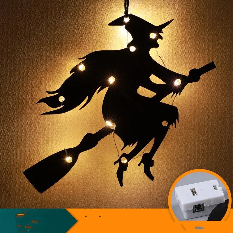 Halloween LED decorative lights with luminescent spider design showing eight colour options including bat, castle, black cat, pumpkin, wizard, ghost, spider, and spider web