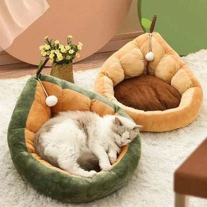 Cotton-filled cat bed house kennel in coffee or green colour showing three size options