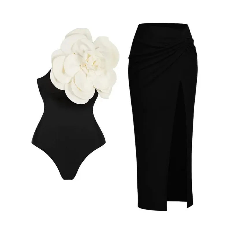 Women's one-piece swimsuit with three-dimensional flower print, tight European American fit.