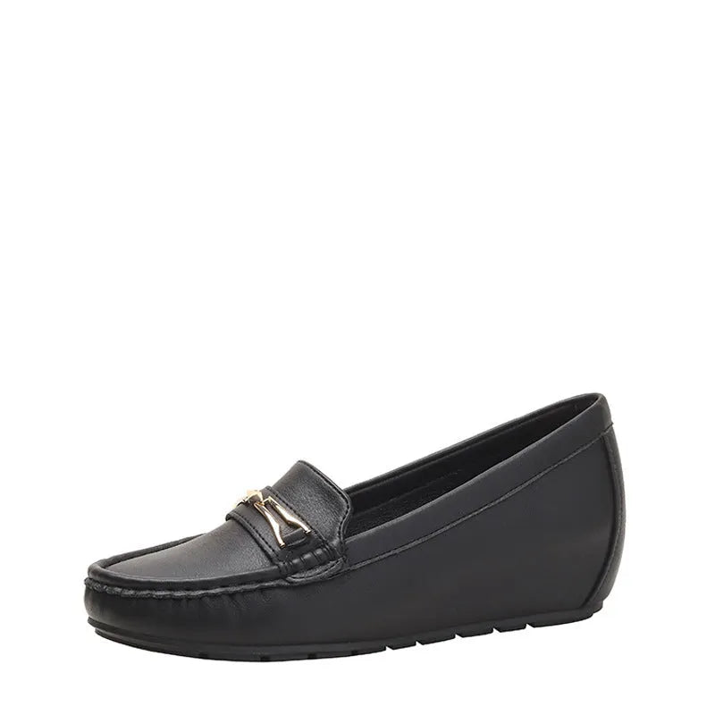 Height increasing insole slip-on shoes with soft rubber sole for comfort, artificial PU upper and microfiber lining, mid heel 3-5cm lift casual wear leisure shoes in black white brown colours
