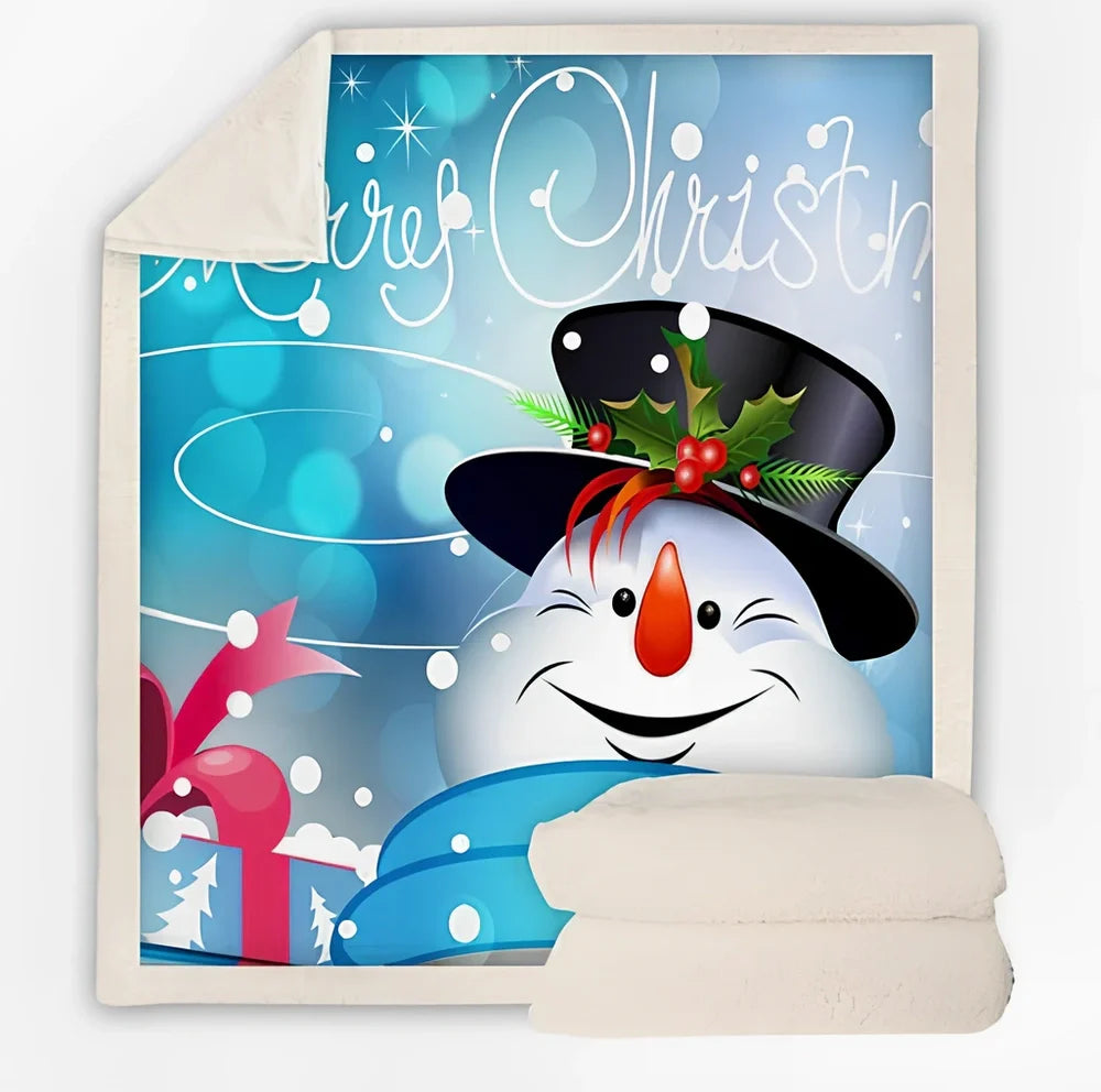 Christmas pattern coral fleece blanket on sofa showing HD printing detail and modern minimalist design