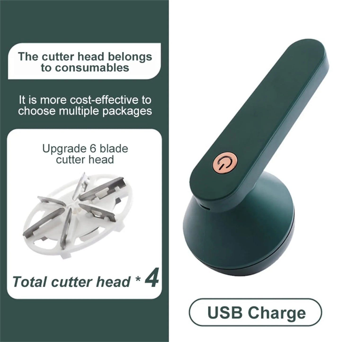 White or green USB rechargeable electric lint remover with removable lint collector and stainless steel blade