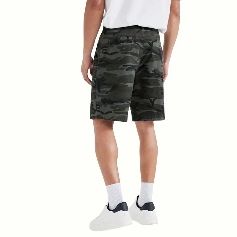 Men's casual shorts in cotton-spandex blend, straight loose fit, mid waist, button fly, available in green grey camo sizes S-3XL