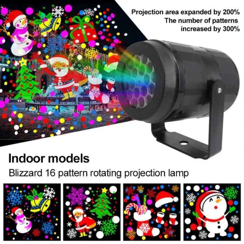 Dazzling LED snowflake projection light with various holiday-themed patterns for festive indoor and outdoor decoration