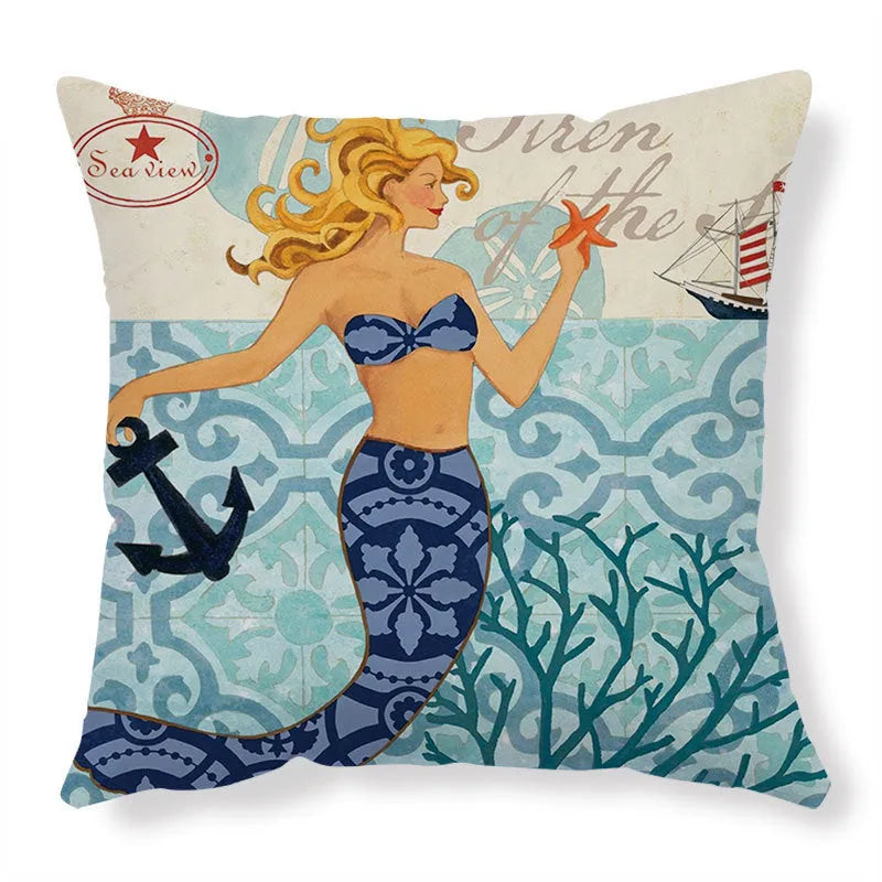 Linen cushion cover with detailed sea turtle pattern, showing invisible zipper closure.