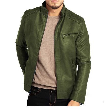 Men's brown artificial leather punk motorcycle jacket with a stand collar and straight hem on a grey background.