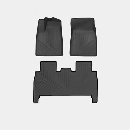 Tesla Model X waterproof car mats set showing front, rear, and tailbox protection for 2016-2023 vehicles