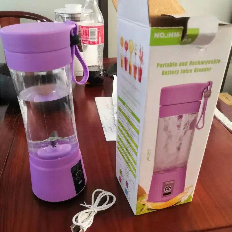 Portable USB blender with six blades in pink colour option showing cup and charging cable