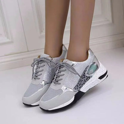 Women's lace-up wedge trainers in beige or grey with round toe, artificial PU upper and rubber sole, sizes 35-43