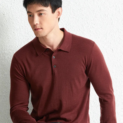 Men's fine pure wool knit pullover sweater, mid-length 65cm, long sleeve, machine washable, in iron gray, black, star gray, or Yago red.