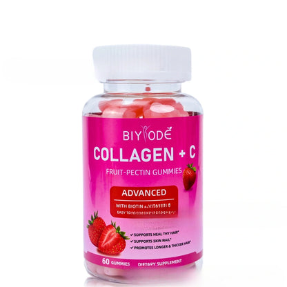 Bottle of 60 vitamin C biotin collagen gummies for women with 10mg collagen per piece