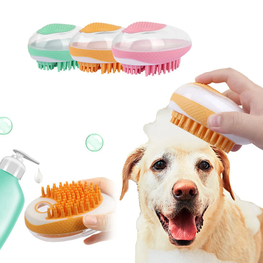 2-in-1 pet grooming brush with soft silicone bristles, shampoo reservoir, and ergonomic grip for bathing and massaging cats and dogs