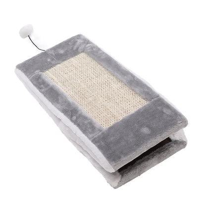 Grey and white triangle-shaped cat scratching post with an integrated soft cat bed.
