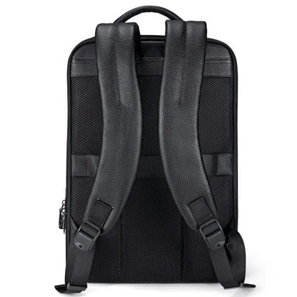 Black leather men's business computer backpack with curved shoulder straps and sewing line details