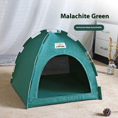 Grey linen-like fabric tent pet bed for cats and small dogs, showing enclosed design with removable cover.