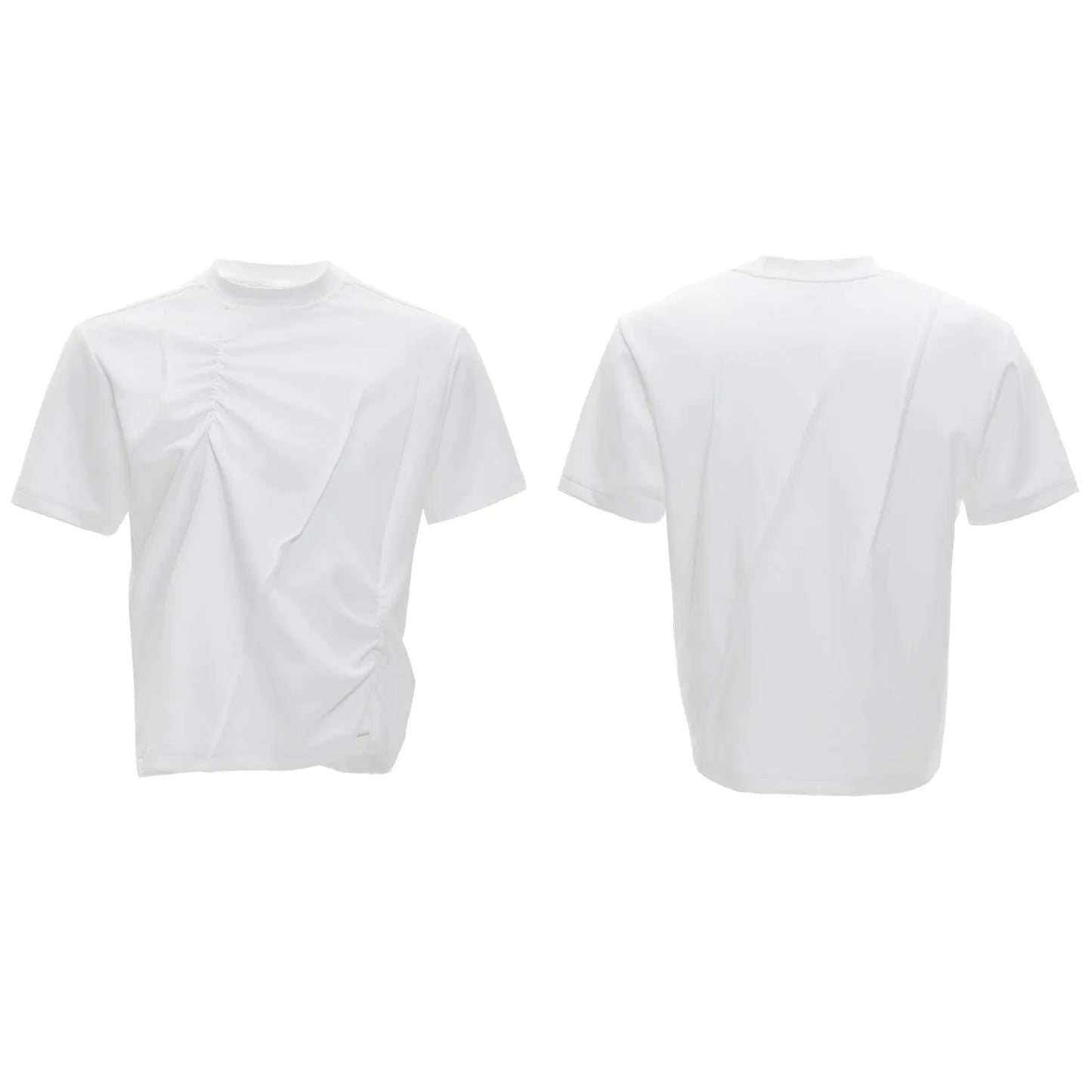 Men's loose fit black cotton T-shirt with textured pleats and asymmetric stitching detail.