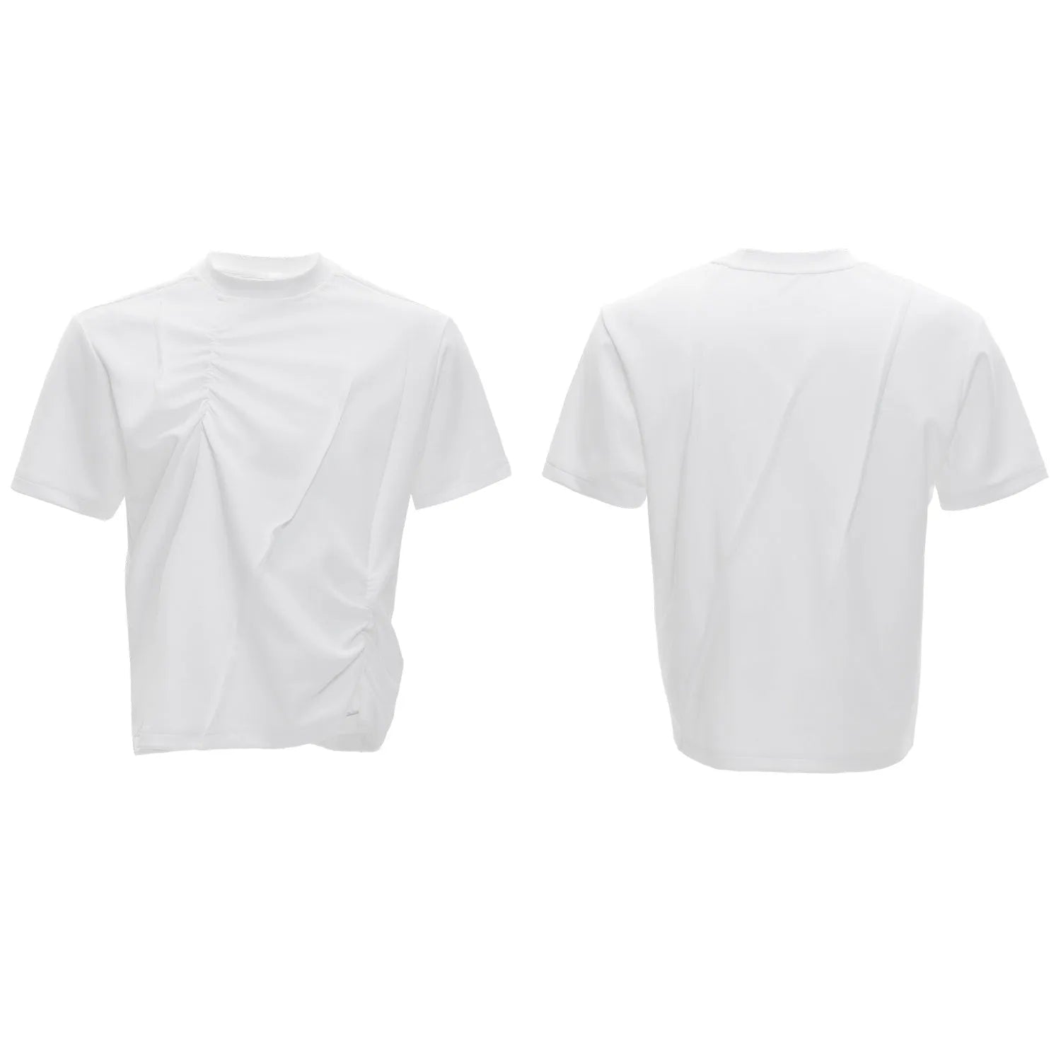 Men's loose fit black cotton T-shirt with textured pleats and asymmetric stitching detail.
