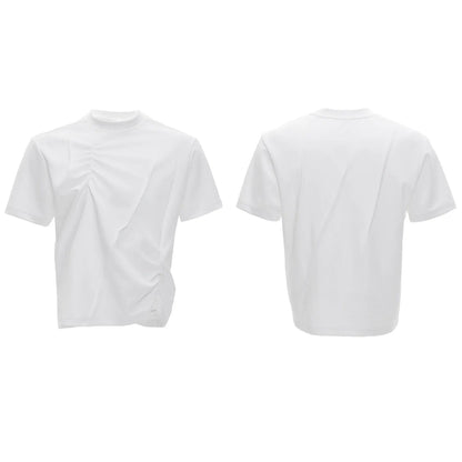 Men's loose fit black cotton T-shirt with textured pleats and asymmetric stitching detail.