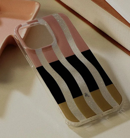Wave stripe transparent TPU iPhone case with painted love and chain design, Wave Glitter colour option.