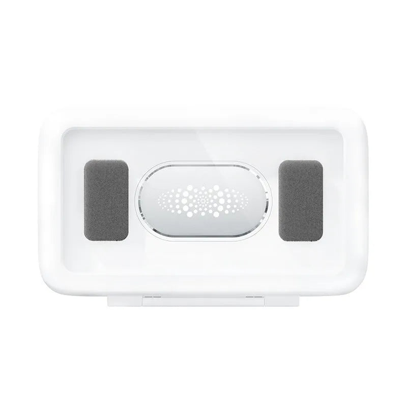 White waterproof phone case mounted on bathroom tile showing smartphone inside with touch screen accessible