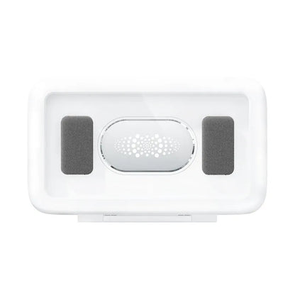 White waterproof phone case mounted on bathroom tile showing smartphone inside with touch screen accessible