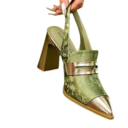 Korean style women's chunky heel sandals with pointed toe and high-cut elastic strap in three colours.