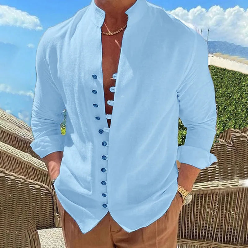 Men's retro button long-sleeved shirt in black, loose fit, standing collar, cotton polyester blend.