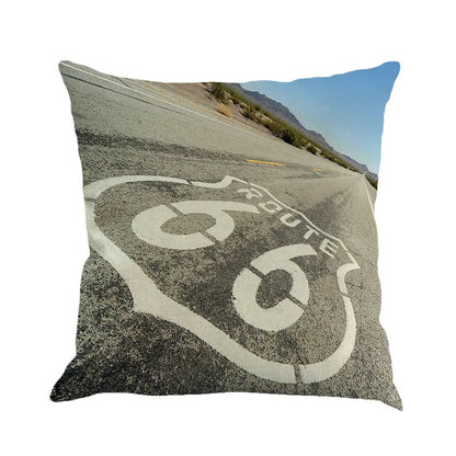 Linen cushion cover with Route 66 landscape pattern in six colour choices, 45 cm square