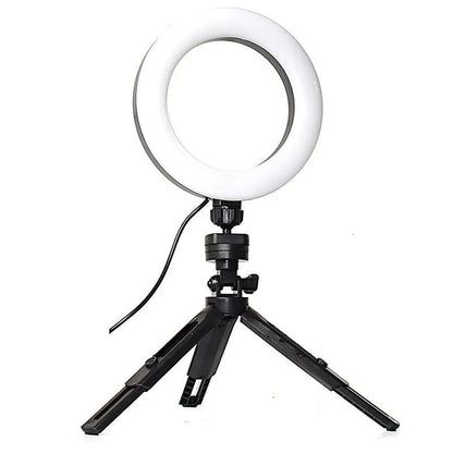 Black desktop mobile phone tripod with adjustable colour ring light for streaming