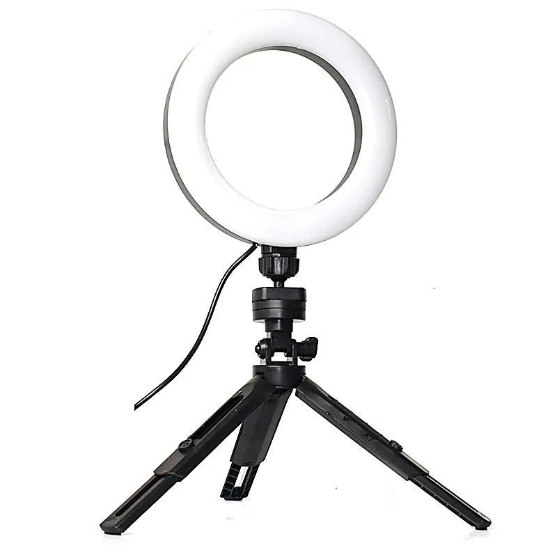 Desktop mobile phone tripod bracket with adjustable selfie fill light and colour-changing LED ring light for live streaming, video calls, and content creation in black neutral style with universal compatibility
