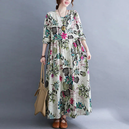 Elegant plus size printed cotton blend dress for women, stylish and comfortable