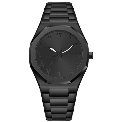 Men's business casual quartz watch with steel belt in black and silver colours, showing 10mm thick case.