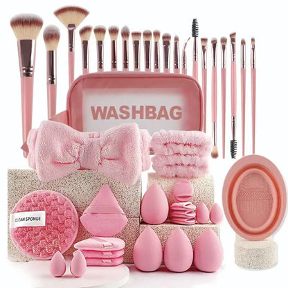 Beauty tool set with hydrophilic non-latex tools for facial cleansing and makeup application in various colours