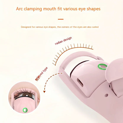 Pink and white electric eyelash curler with USB charging cable and temperature control settings